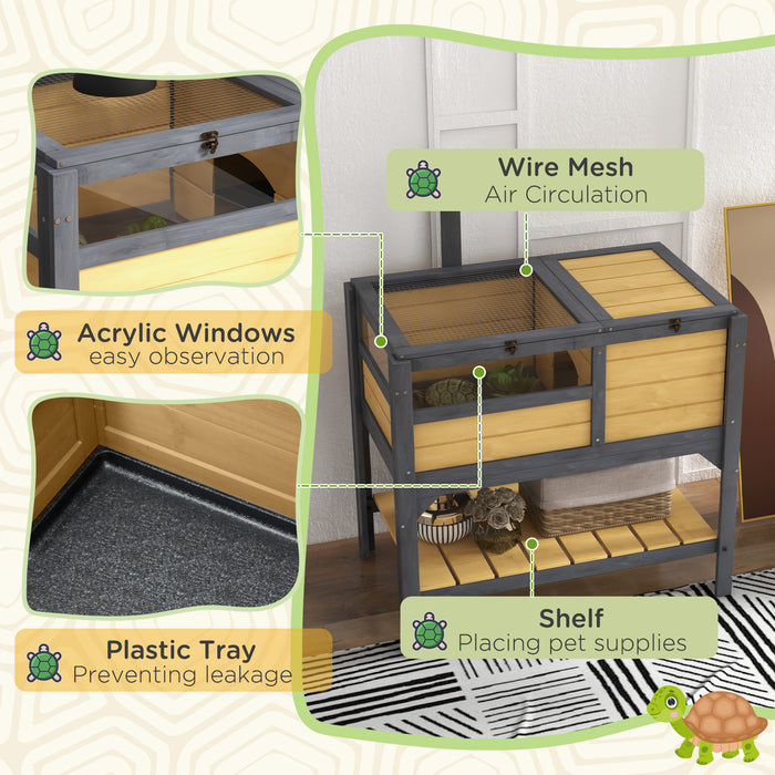 Tortoise Habitat Home - Wooden Enclosure with Shelter, Run Area, Basking Shelf & Lamp Holder - Ideal for Reptile Safety and Comfort