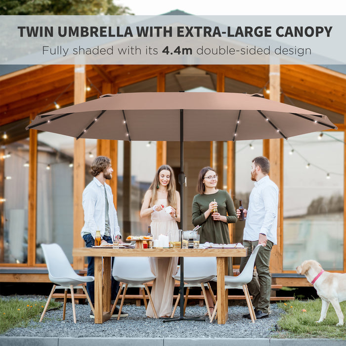 Large 4.4m Double-Sided Garden Parasol - Outdoor Patio Sun Shade with Solar-Powered LED Lights, Khaki - Ideal for Backyard Entertainment and Relaxation