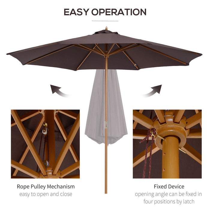 Bamboo Wooden Market Umbrella - ⌀3m Garden Parasol with 8 Ribs, Coffee Canopy for Outdoor Shade - Ideal for Patio Sun Protection