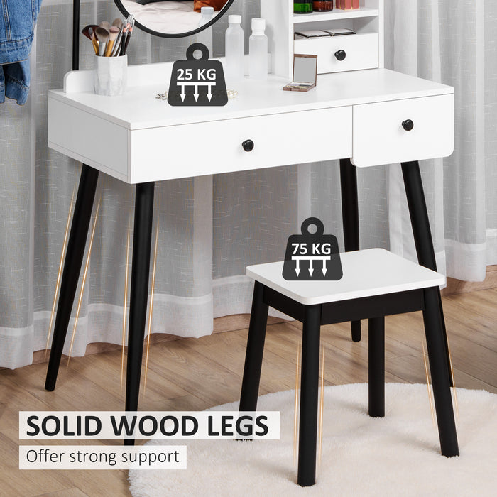 Vanity Makeup Desk Set with Mirror and Stool - Elegant Dressing Table with 3 Drawers and Open Shelving - Perfect for Bedroom and Living Room, Chic White Design