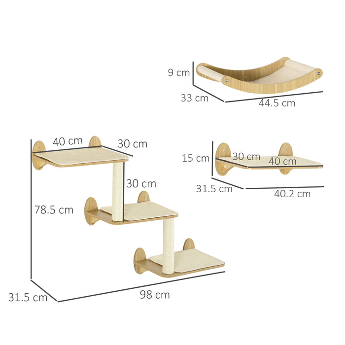 Cat Climbing Shelf Set with Jumping Platforms, Hammock, Scratching Post - Wall-Mounted Oak Sturdy 3PCs Activity Center - Ideal for Energetic Kittens & Agile Cats