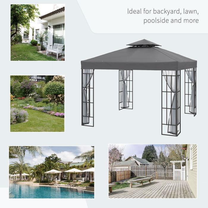 Patio Gazebo Canopy 3x3m with 2-Tier Roof - Outdoor Garden Pavilion Tent Shelter & Mosquito Netting, Steel Frame - Ideal for Backyard Relaxation and Entertaining, Grey