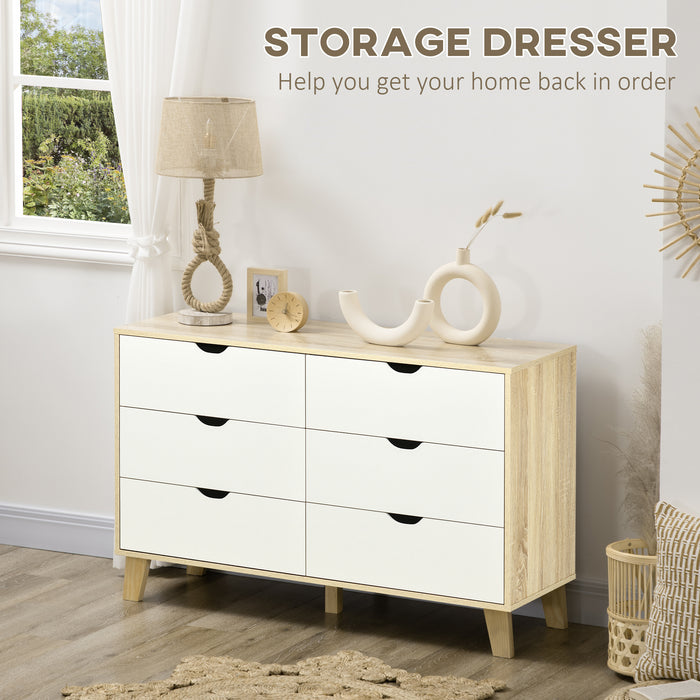 6-Drawer Wide Dresser - Bedroom & Living Room Storage Organizer with Wooden Legs - White & Light Brown Chest for Ample Space Management