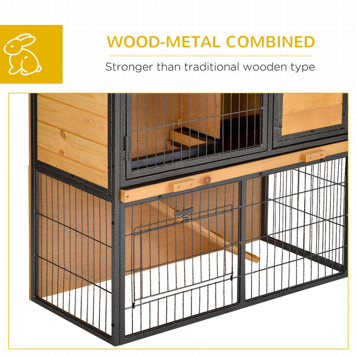 Elevated Wooden Rabbit Hutch with Metal Frame - Bunny Cage with Slide-Out Cleaning Tray, Asphalt Roof, Secure Lockable Door - Ideal for Outdoor Pet Housing and Protection