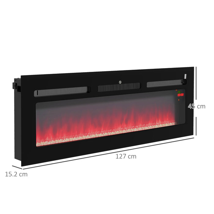 127cm Electric Fireplace - 2000W Recessed & Wall Mounted Heater with 9-Color Flame and Crystal Display, Black - Stylish Home Heating with Remote Control