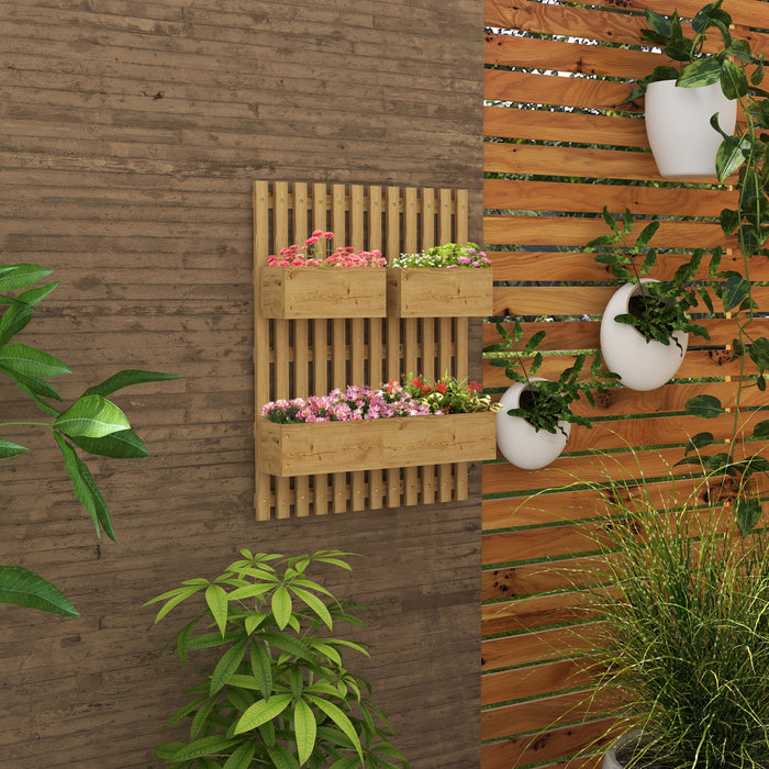 Wall-Mounted Wooden Planter Combo with Built-In Trellis and Drainage - Carbonized Finish, 3 Separate Planting Boxes - Ideal for Patio Gardens & Vertical Planting