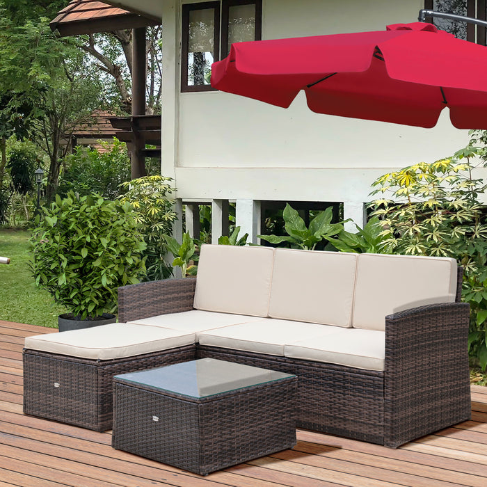 Outdoor Rattan Furniture Set - 4-Seater Corner Sofa with Coffee Table and Footstool, Thick Brown Cushions - Ideal for Patio and Garden Entertaining