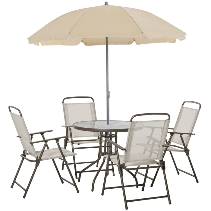 6-Piece Beige Garden Bistro Set - Texteline Folding Chairs, Patio Table & Parasol Combo - Perfect Outdoor Furniture for Relaxation and Entertaining