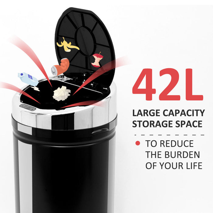 42L Stainless Steel Sensor Trash Can - Hands-Free Garbage Disposal with Bucket, Black - Ideal for Hygienic Waste Management in Home or Office