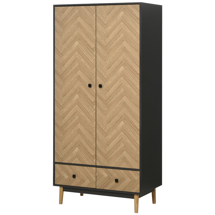 Modern Wood Grain Wardrobe with Storage - Cabinet Sticker Finish, Shelving, Hanging Rod, Dual Drawers - Spatial Solution for Clothes & Accessories, 90x50x190 cm