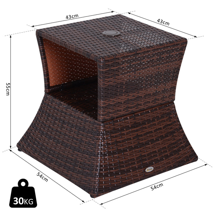 Rattan Wicker Bistro Coffee Table with Umbrella Hole - Outdoor Patio Side Storage Table, Brown - Ideal for Deck, Garden, and Poolside Entertaining