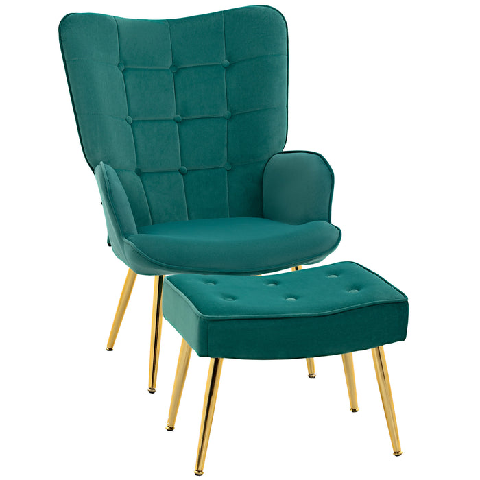 Modern Button Tufted Wingback Armchair - Plush Upholstered Chair with Matching Footstool, Gold Tone Steel Legs, Dark Green - Elegant Furniture for Contemporary Home Decor