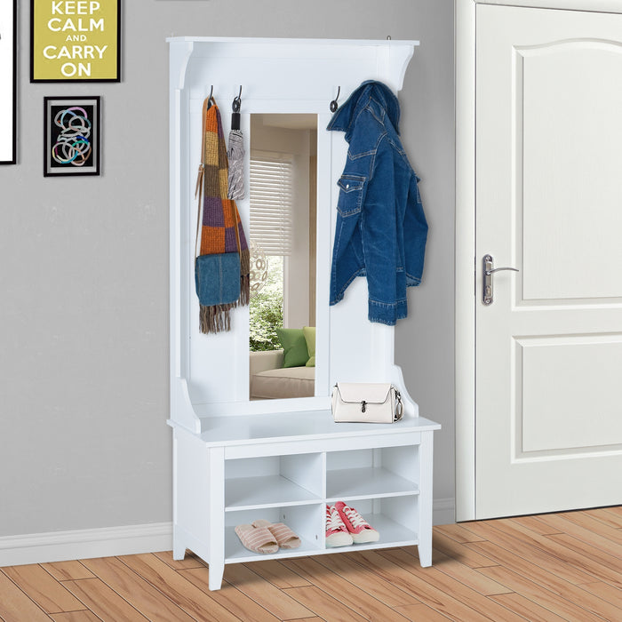 Shoe Bench and Coat Rack Hallway Set - Storage Mirror Cabinet with Organiser Shelves & Multiple Cubes - Ideal for Entryway Clutter Management