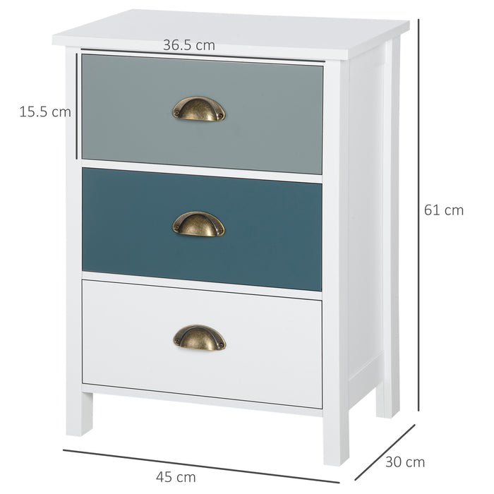 Chic Grey and Blue Nightstands - Set of 2 Bedside Tables with 3 Drawers and Metal Handles - Stylish Storage Solution for Bedroom and Living Room