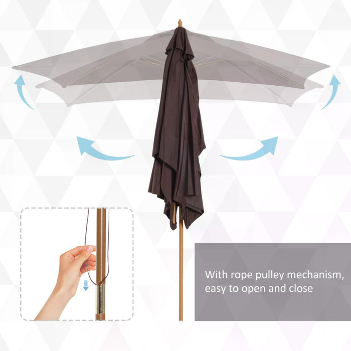 Wooden Garden Parasol - Dark Coffee 2x3m Outdoor Sun Umbrella with Canopy Shade - Ideal for Patio, Deck, and Poolside Relaxation