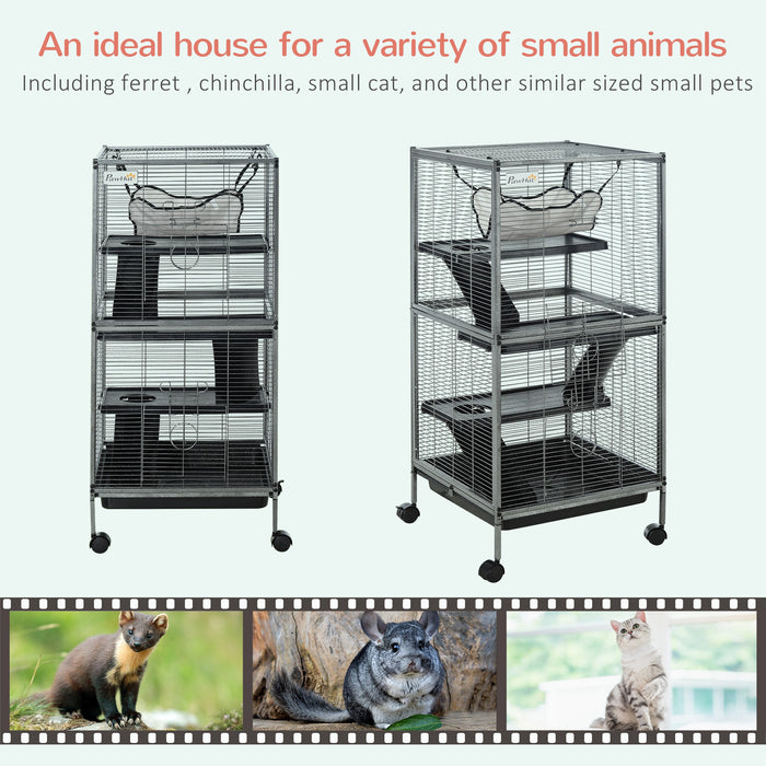 Deluxe Wheeled Small Animal Habitat - Chinchilla, Ferret & Kitten Friendly Cage with Hammock & 4 Platforms - Includes Removable Tray for Easy Cleaning