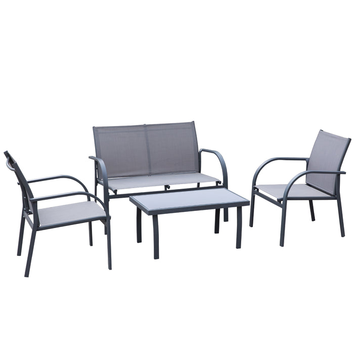 Curved 4-Piece Patio Conversation Set - Steel Frame with Grey Texteline Loveseat and Glass Top Coffee Table - Ideal for Outdoor Parties and Events