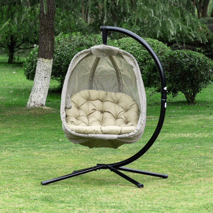 Folding Swing Hammock Egg Chair with Stand - Cushioned Indoor/Outdoor Hanging Chair for Patio & Garden - Comfortable Relaxation Khaki Lounger