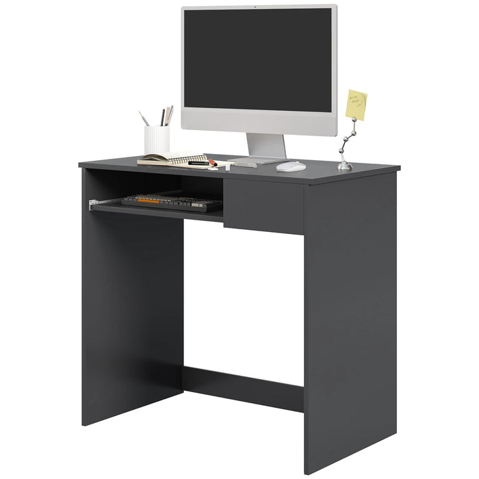 Study Desk with Slide-Out Keyboard Tray and Storage Drawer - Sturdy Compact Writing Table for Home Office - Space-Saving Grey Workstation for Small Spaces