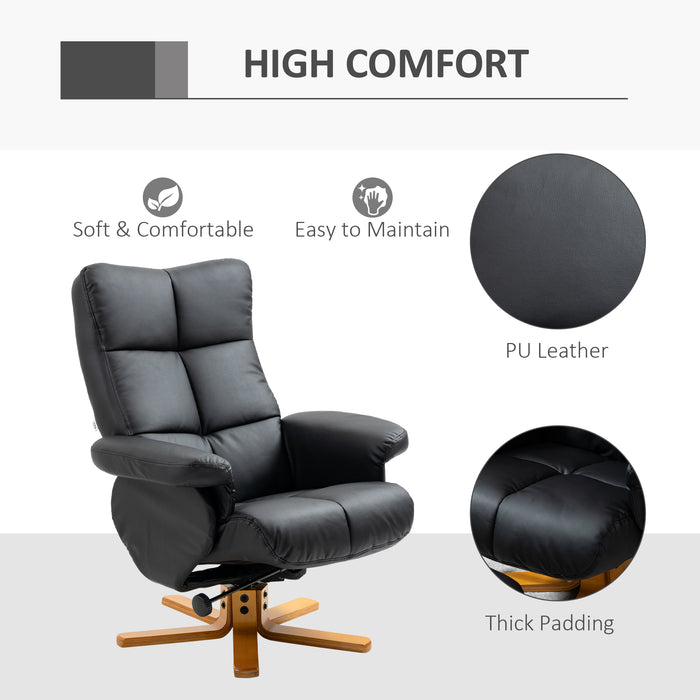 Luxurious Black Faux Leather Recliner Chair with Swivel Function - Comfy Footstool and Built-in Storage, Sturdy Wooden Base - Ideal for Relaxing and Enhancing Any Living Room Space