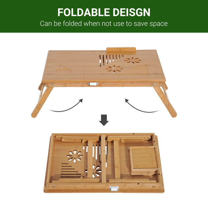 Portable Bamboo Laptop Desk - Foldable Design with Built-In Drawer - Ideal for Home Office and Travel Convenience