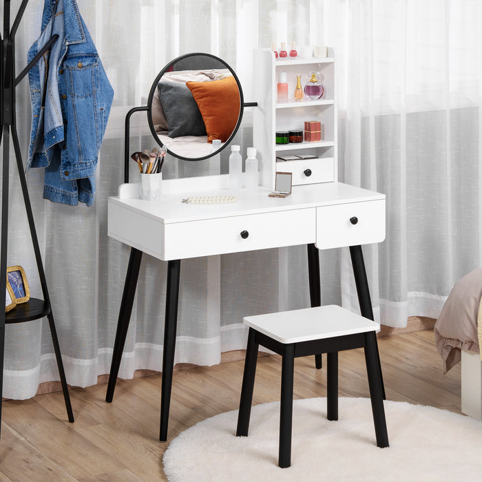 Vanity Makeup Desk Set with Mirror and Stool - Elegant Dressing Table with 3 Drawers and Open Shelving - Perfect for Bedroom and Living Room, Chic White Design