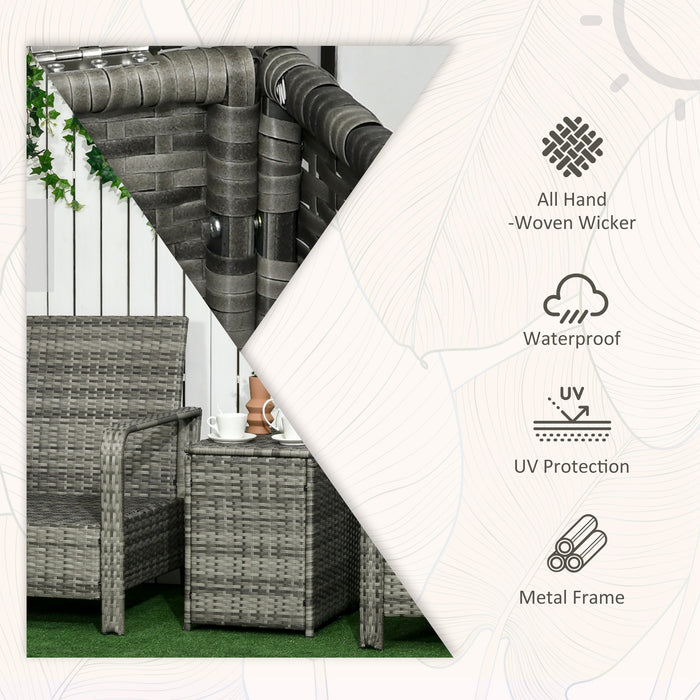 PE Rattan 3-Piece Bistro Patio Set - Wicker Garden Furniture with Storage Table and Orange Cushions, Mixed Grey - Ideal for Conservatory or Outdoor Lounging