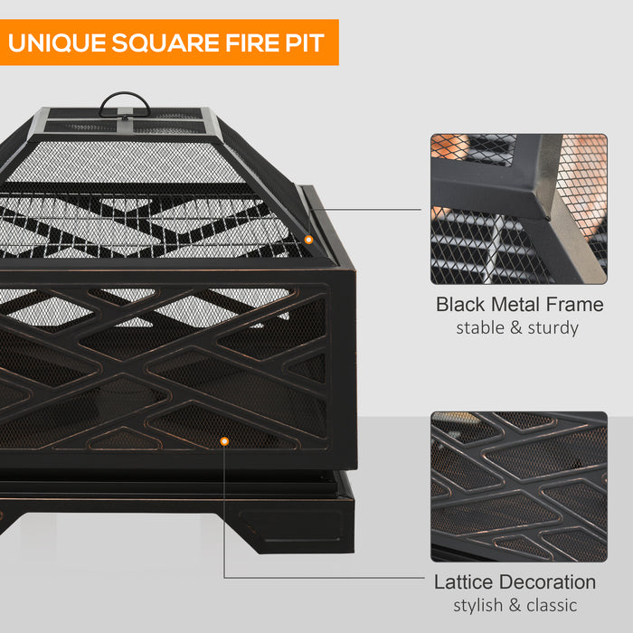 2 in 1 Square Fire Pit and BBQ Grill - 66cm Metal Brazier with Spark Screen Cover and Poker for Garden, Patio - Ideal for Outdoor Heating and Grilling