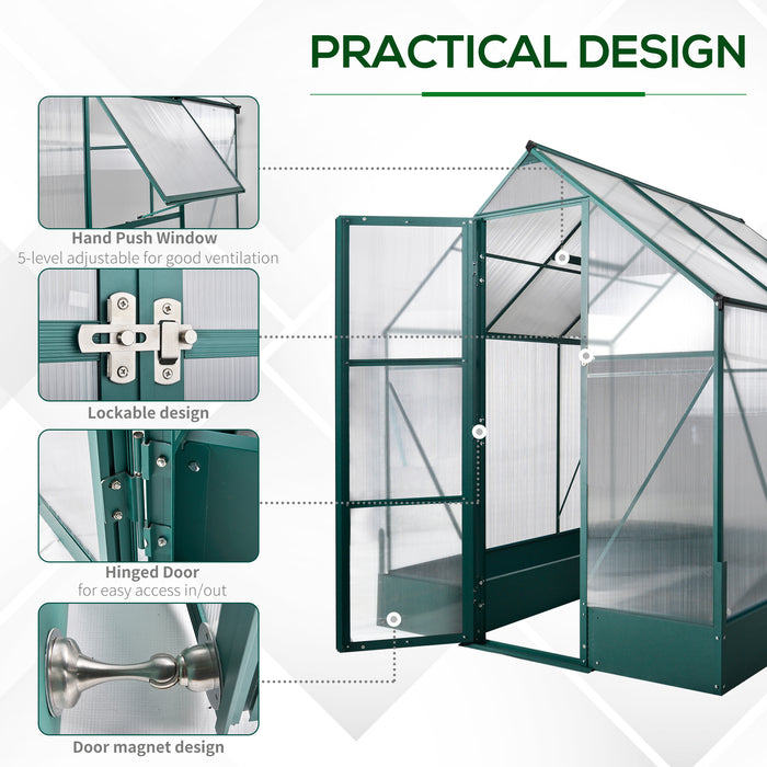 Aluminium Frame Walk-in Greenhouse - 6x6 ft with Polycarbonate Panels, Adjustable Temperature Window & Plant Bed - Ideal for Gardeners and Plant Cultivation
