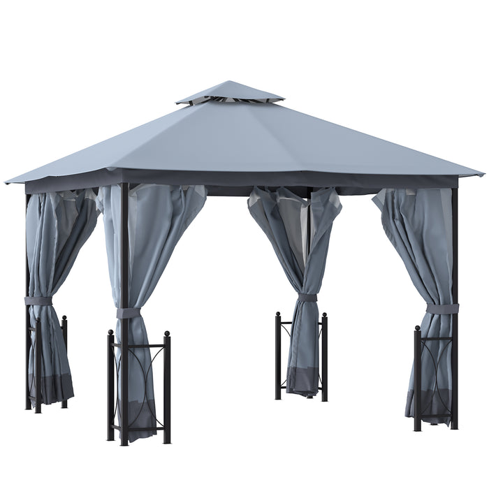 Outdoor Metal Gazebo Canopy 4x3.35m - Dual-Tier Roof, Sun Shade, Mosquito Netting & Privacy Curtains - Elegant Shelter for Garden & Patio Entertaining