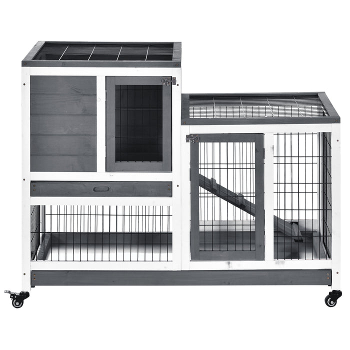 Elevated Wooden Guinea Pig Hutch with Enclosed Run - Wheeled Indoor Cage for Small Pets in Grey and White - Perfect Habitat for Rabbits and Guinea Pigs