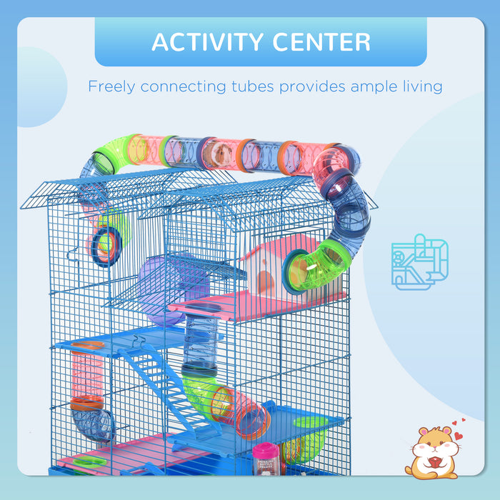 5-Tier Hamster Cage with Accessories - Exercise Wheels, Tunnel Tube, Water Bottle, Feeding Dishes, and Ladder Habitat - Perfect for Dwarf Mice and Small Rodents, Blue