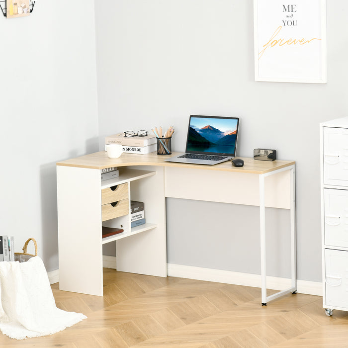 L-Shaped Corner Desk with Storage - Computer Study Table with Smooth Slide Drawer & Shelf - Ideal for Home Office and Space Saving in Light Brown