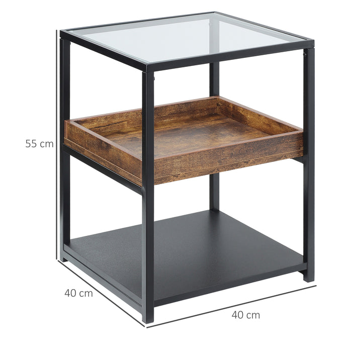 3-Tier Industrial Side Table with Storage Shelves - Sturdy Steel Frame Nightstand in Rustic Brown - Versatile End Table for Bedroom & Living Room Storage