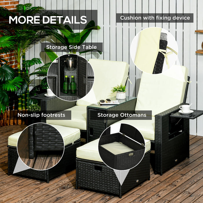 5PC PE Rattan Sun Lounger Set - Outdoor Wicker Adjustable Recliner Sofa Bed with Storage Side Table and Footstools - Perfect for Patio and Garden Relaxation