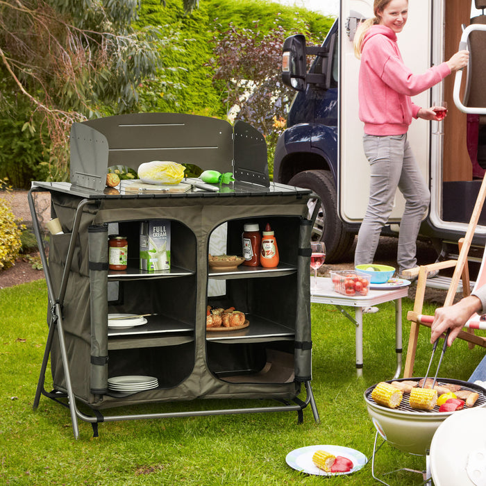 Foldable Camping Kitchen Cupboard - Outdoor Storage Unit with Windshield & 6 Shelves - Ideal for BBQs, Picnics, and Backyard Gatherings with Portable Carry Bag