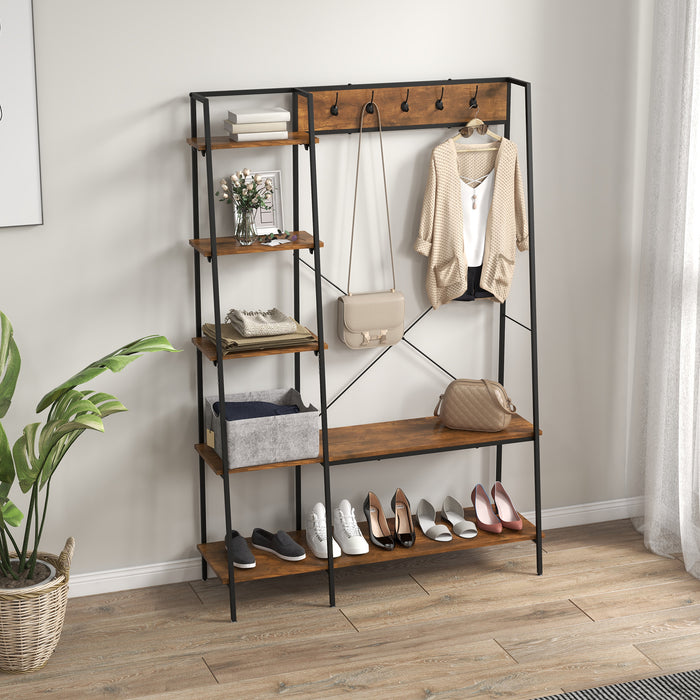 Industrial Hall Tree with Shoe Storage - Free Standing Entryway Organizer with 2-Tier Rack, 5 Hooks, 5 Side Shelves - Sturdy Steel Frame Design for Home Organization, Brown, 117x38x169cm