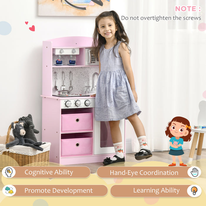 Interactive Wooden Play Kitchen Set with Functional Lights & Sounds - Includes Coffee Maker, Microwave, Sink, Utensils & Storage Bins - Perfect for Children's Imaginative Pretend Play in Pink