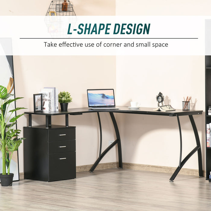 Industrial L-Shaped Desk - Home Office Corner Workstation with Storage Drawer - Sturdy Computer Table for Productive Workspace, Black