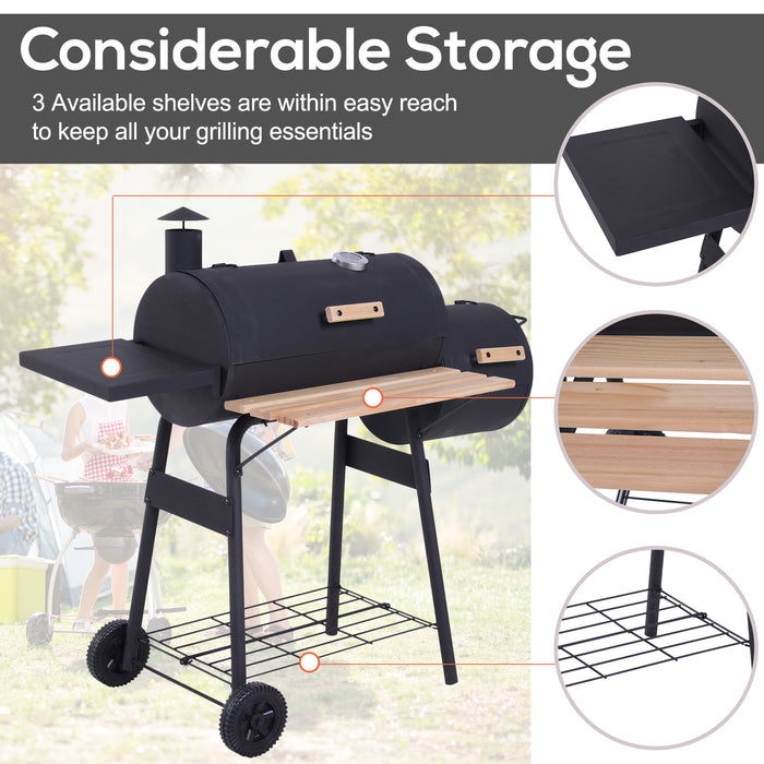 Portable Charcoal Barbecue Grill with Offset Smoker - Handy Shelves, On-lid Thermometer for Precise Cooking - Ideal for Outdoor Gatherings and Garden BBQs