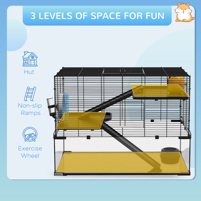 3-Tier Hamster & Gerbil Habitat - Deep Glass Bottom, Non-Slip Ramps, and Exercise Platforms with Hut & Wheel - Ideal for Syrian & Dwarf Hamsters