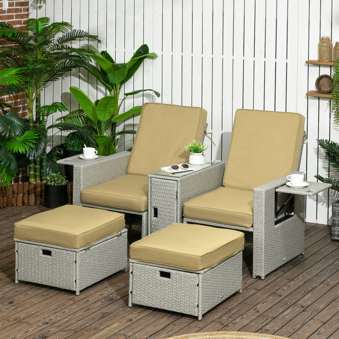 5PC PE Rattan Sun Lounger Set - Outdoor Wicker Adjustable Recliner Sofa Bed with Storage and Footstools - Perfect for Patio and Garden Relaxation in Beige