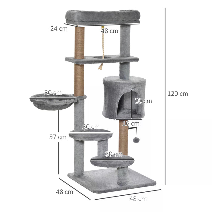 Luxury 120cm Jute Cat Tree - Scratching Post, Hammock, Perch, Hanging Ball, Teasing Rope, Condo Playhouse - Ideal for Cat's Play and Rest, Light Grey