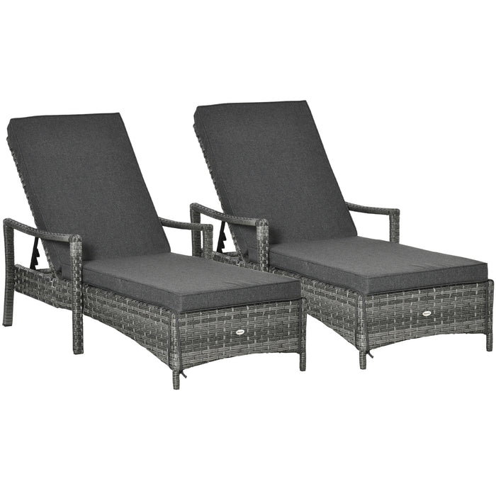 PE Rattan Sun Lounger Set of 2 with Cushions - Outdoor Garden Furniture with 4-Level Adjustable Backrest and Armrests, Grey - Ideal for Patio Relaxation and Sunbathing