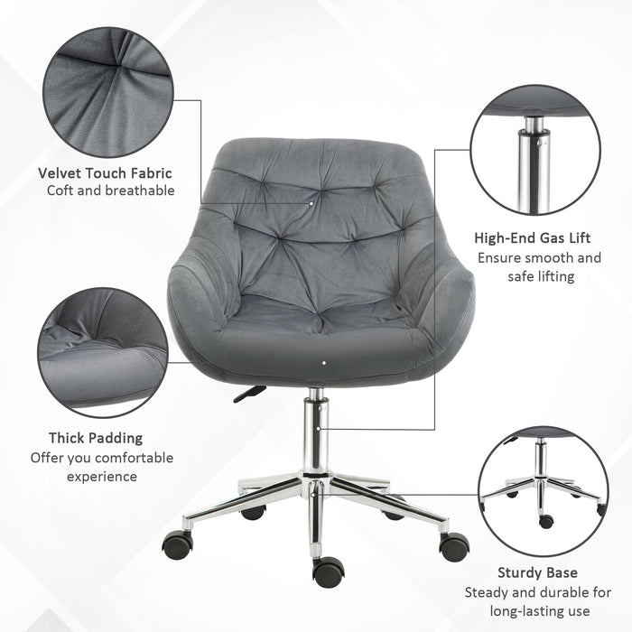 Ergonomic Velvet Swivel Chair - Comfy Adjustable Height Computer Desk Chair with Arm and Back Support - Ideal for Home Office Comfort and Posture Improvement, Dark Grey