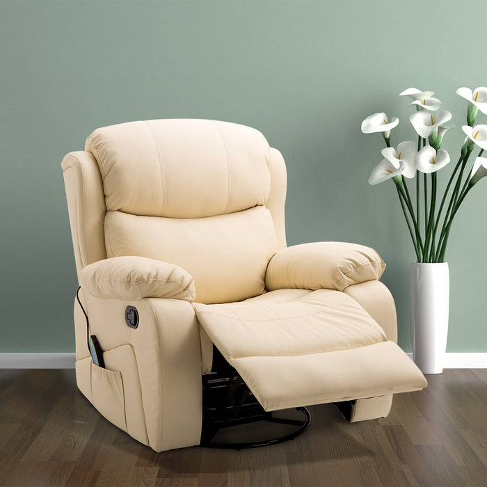 PU Leather Recliner with Heat and Massage - 8-Point Vibrating Recliner with Swivel Base and Footrest - Comfortable Seating Solution for Relaxation and Stress Relief, Beige