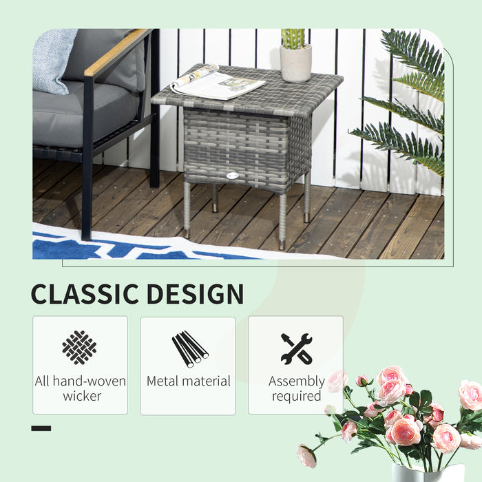 Outdoor Rattan Side Table with Plastic Board - Fully Woven Top, Mixed Grey Finish - Ideal for Patio, Garden, Balcony Spaces