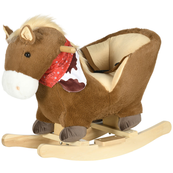 Plush Baby Rocking Horse with Safety Harness - Realistic Sounds, Foot Pedals, Soft Toddler Rocker - Ideal for 18-36 Month Old Children, Cozy Brown