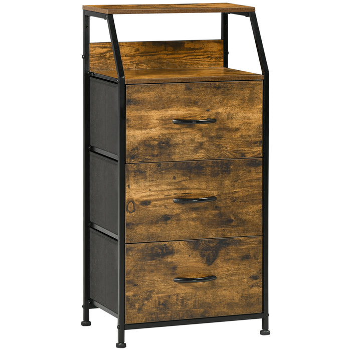 Industrial-Style Fabric Chest - 3-Drawer Storage Cabinet with Display Shelves - Versatile Organizer for Living Room, Rustic Brown Design