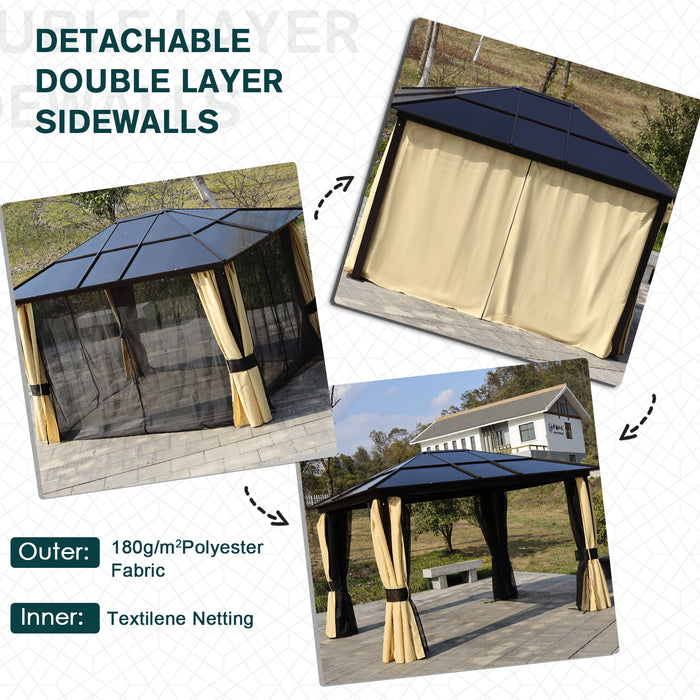 Polycarbonate Hardtop Gazebo 3.6x3m - Aluminium Frame with Solar-Powered LED Lights, Mosquito Netting, and Privacy Curtains - Outdoor Shelter for Patio and Garden Comfort